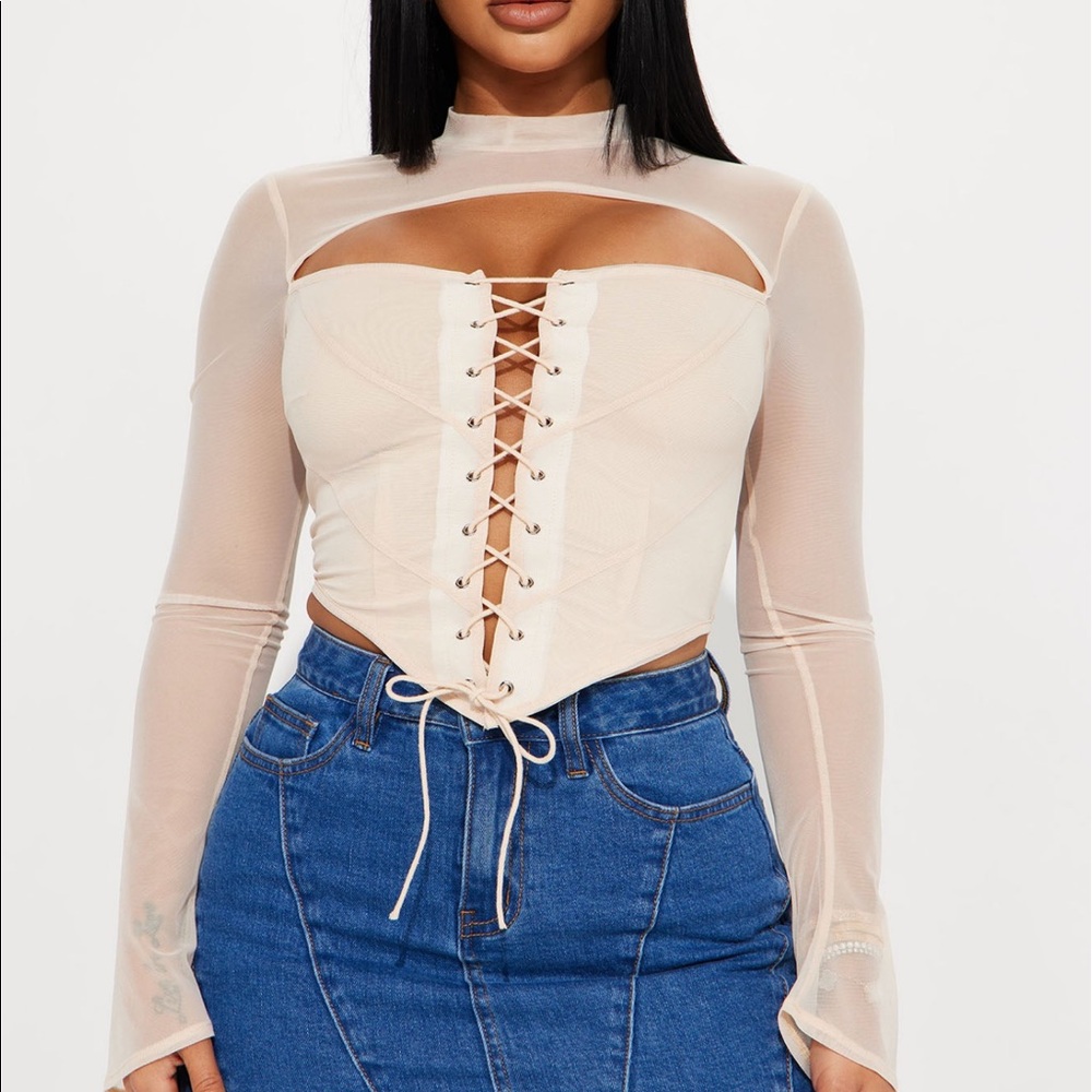 Creamy mesh tie up long sleeve